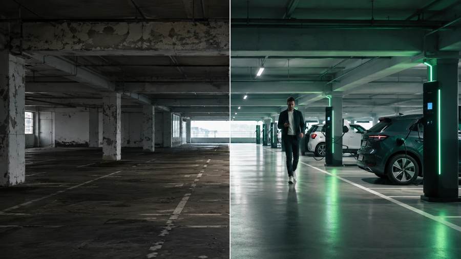 Antes y después: parking infrautilizado vs. hub electrificado RentElectric